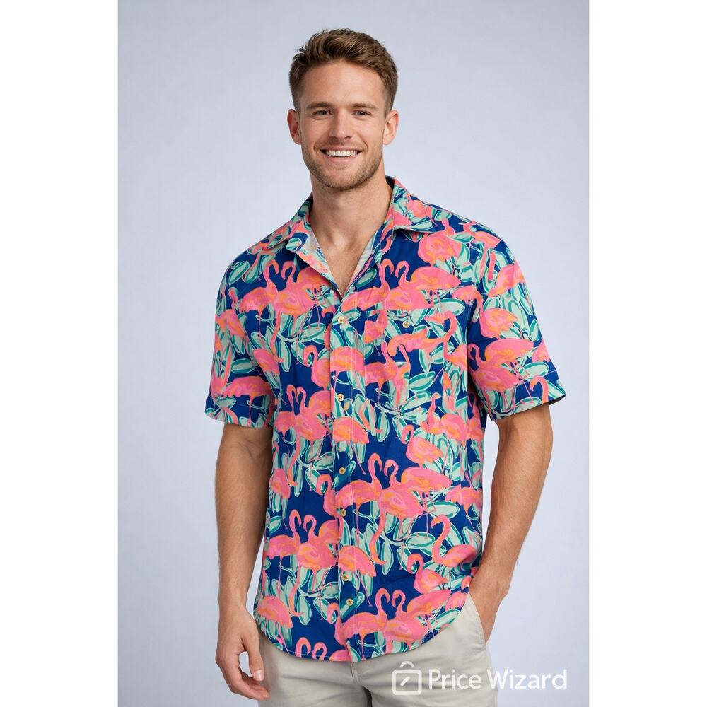 Chubbies NWT Flamingo Tropical Buttom Down Shirt Men's Med Navy Pink Sh Sleeve
